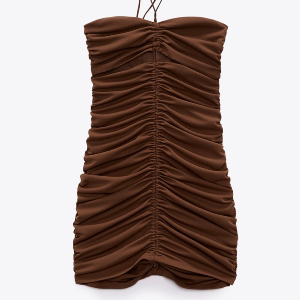 Brown ruched Zara mini dress. BNWT